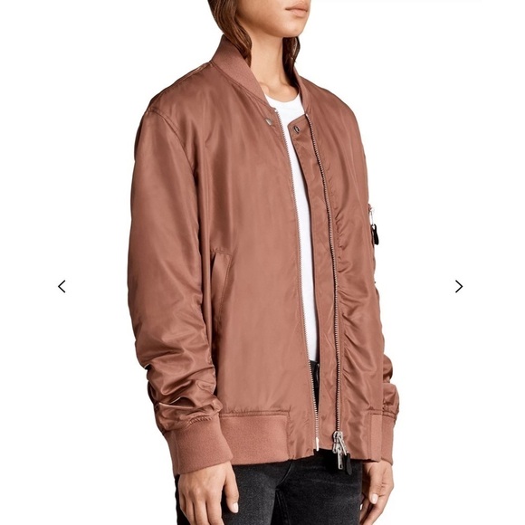 All Saints Myra Bomber Flight Jacket Rust Brown Red Ruched Nylon Sz XS - Picture 2 of 15